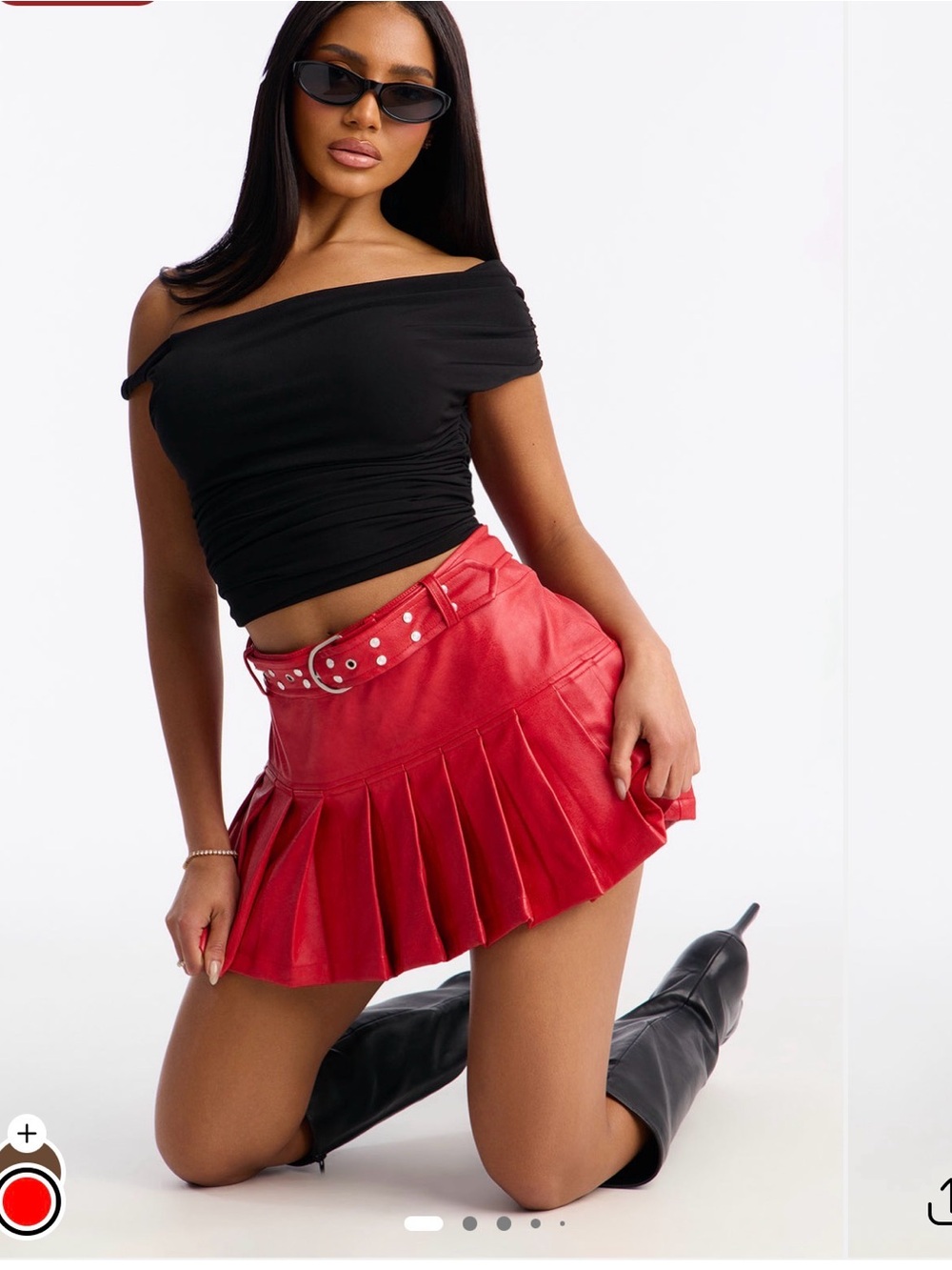 Fashion Nova Red Pleated Faux Leather Mini Skirt with Studded Belt - Picture 6 of 10